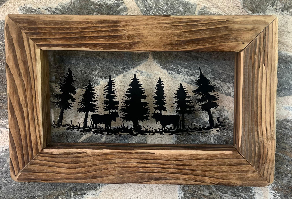 Vaches en Forêt - peinture sur verre coeur2déco
